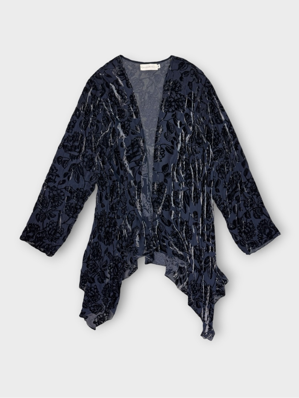 4 Love and Liberty navy silk blend velvet floral kimono with asymmetrical hem
